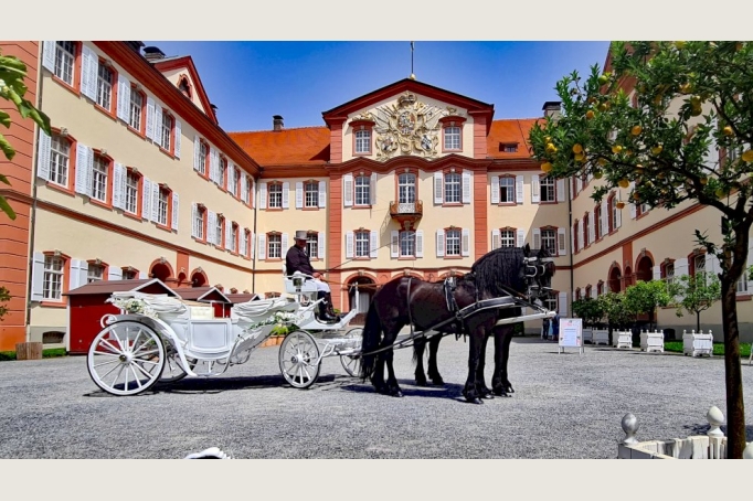 neue weiße Luxus Hochzeitskutsche gezogen von edlen Friesenpferden